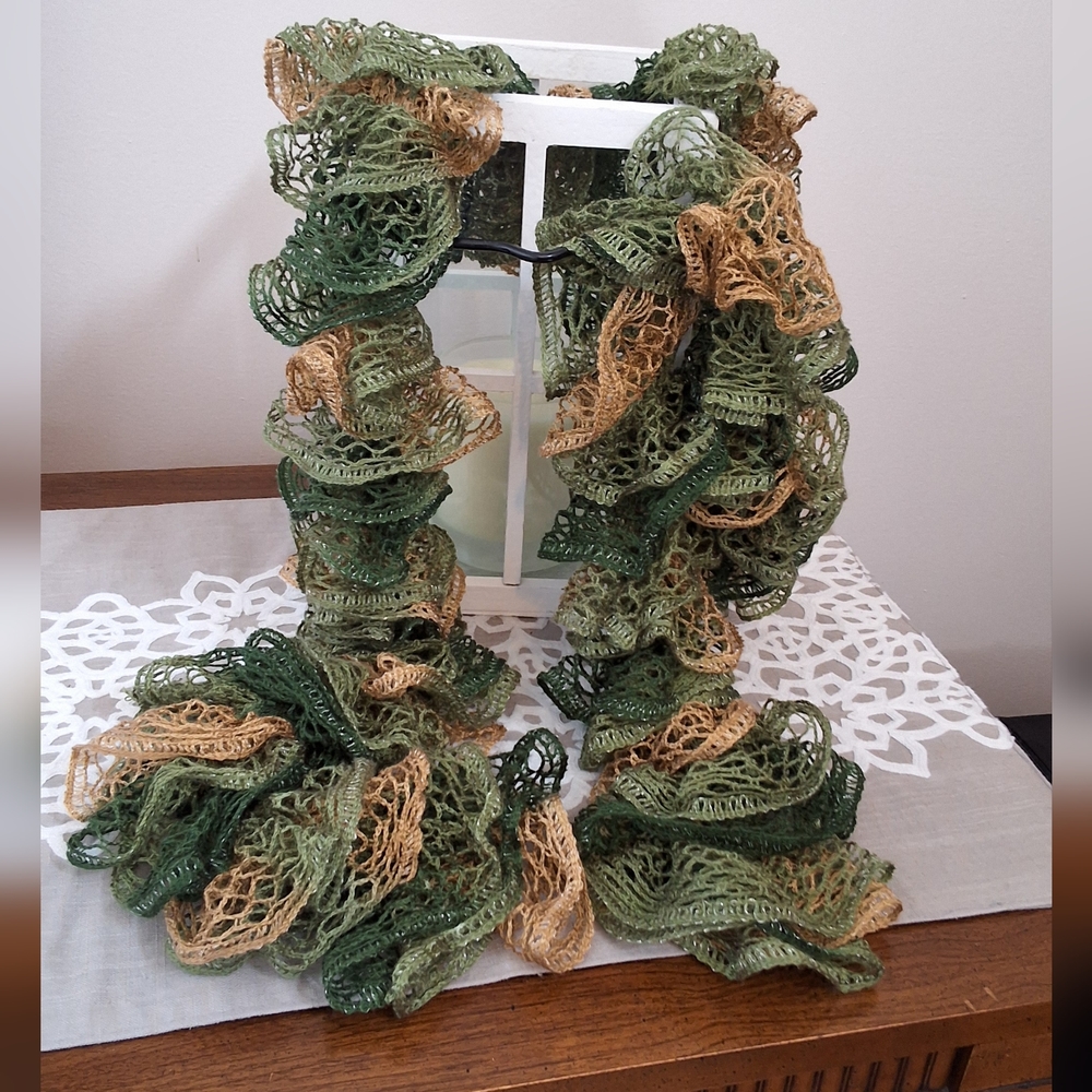 💥SALE💥Handmade Beautiful Scarf, Deep & Light Green, Tan With Silver Threading